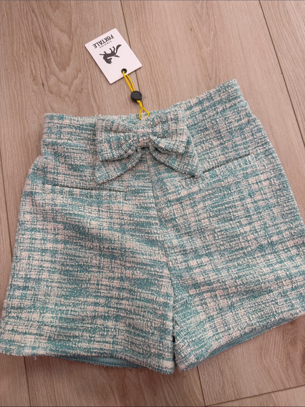Girls' Tweed Bow-Front Shorts in Teal and Cream